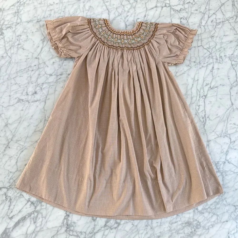 Rosalina Size 6Y Brown Beige Gingham Smocked Dress